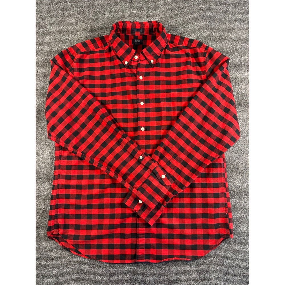 J Crew Shirt‎ Mens XL Red Black Buffalo Plaid Slim Fit Oxford Button Down